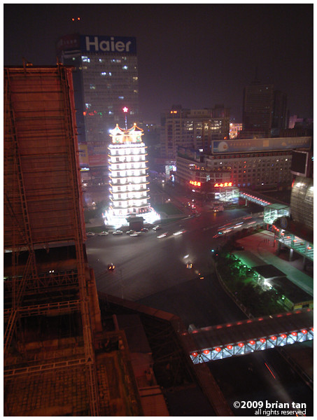 View out the hotel, smack in the middle of Zhengzhou. The bright thing is Erqi Square. 